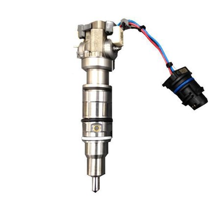 A set of fuel injectors with solenoids, spool valves, plunger springs, and poppet springs, attached to a cable.